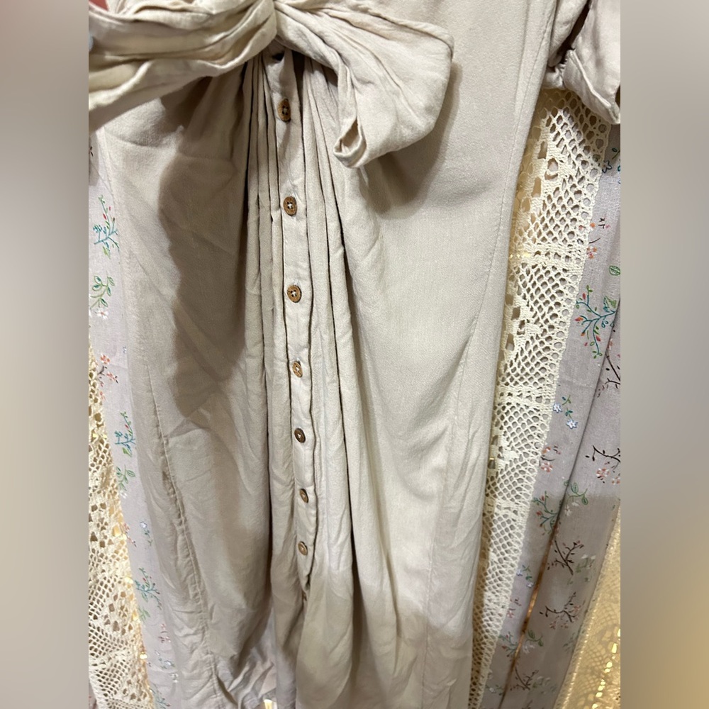 Free People Vintage Summer Neutral Tie Front Midi Dress Small Boho Linen EUC - Picture 8 of 10